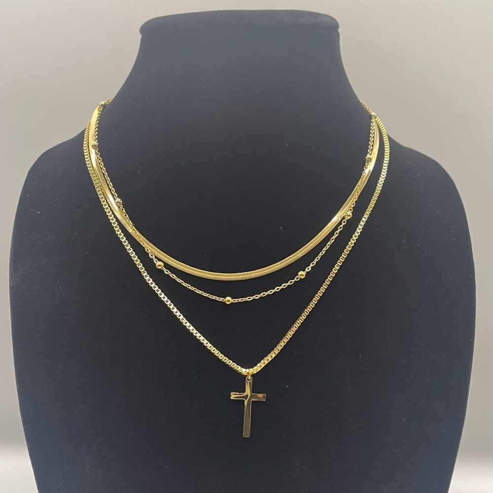 18k Gold Plated Non-fading Charms Pendant Triple Layered Cross Necklace